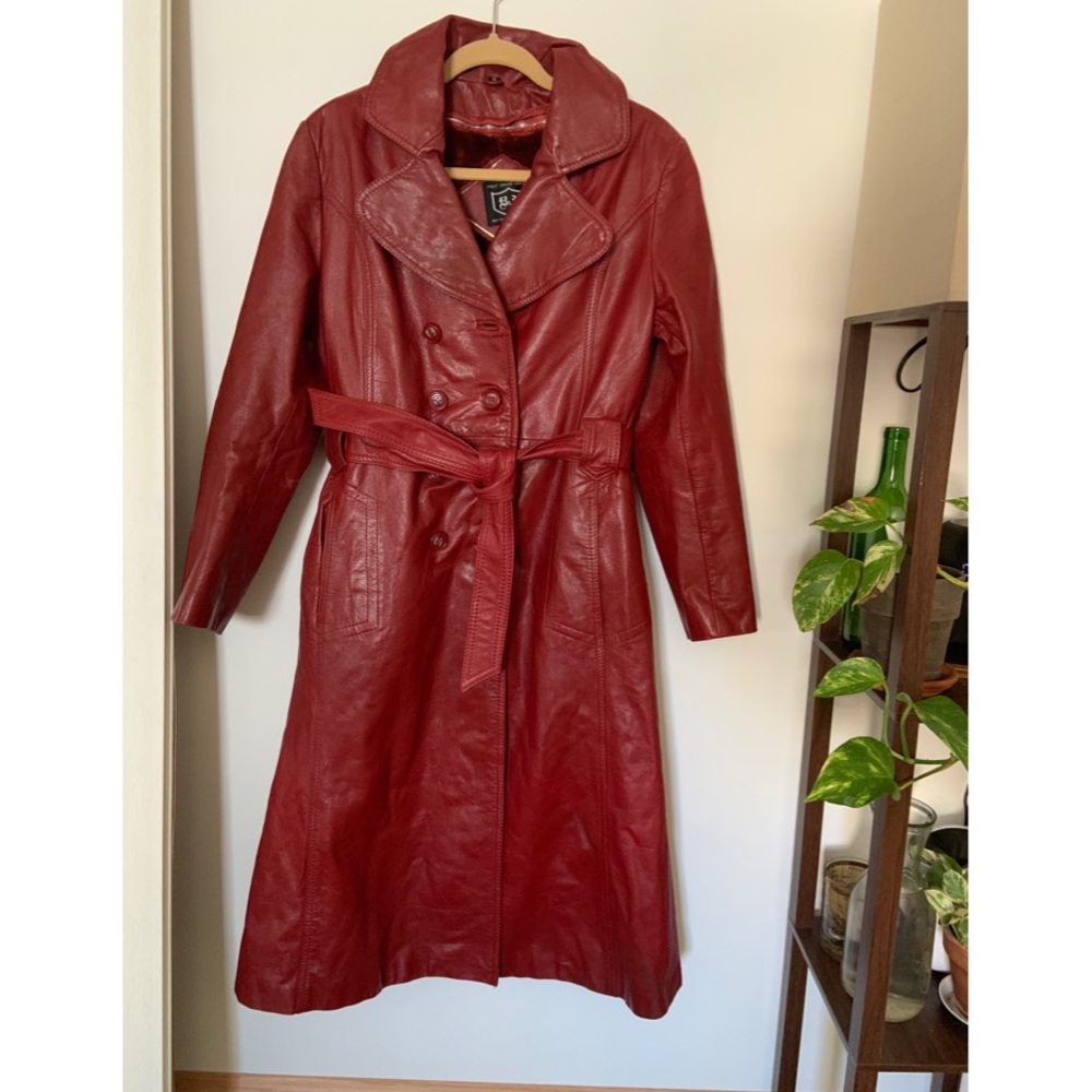 Ox blood leather trench coat